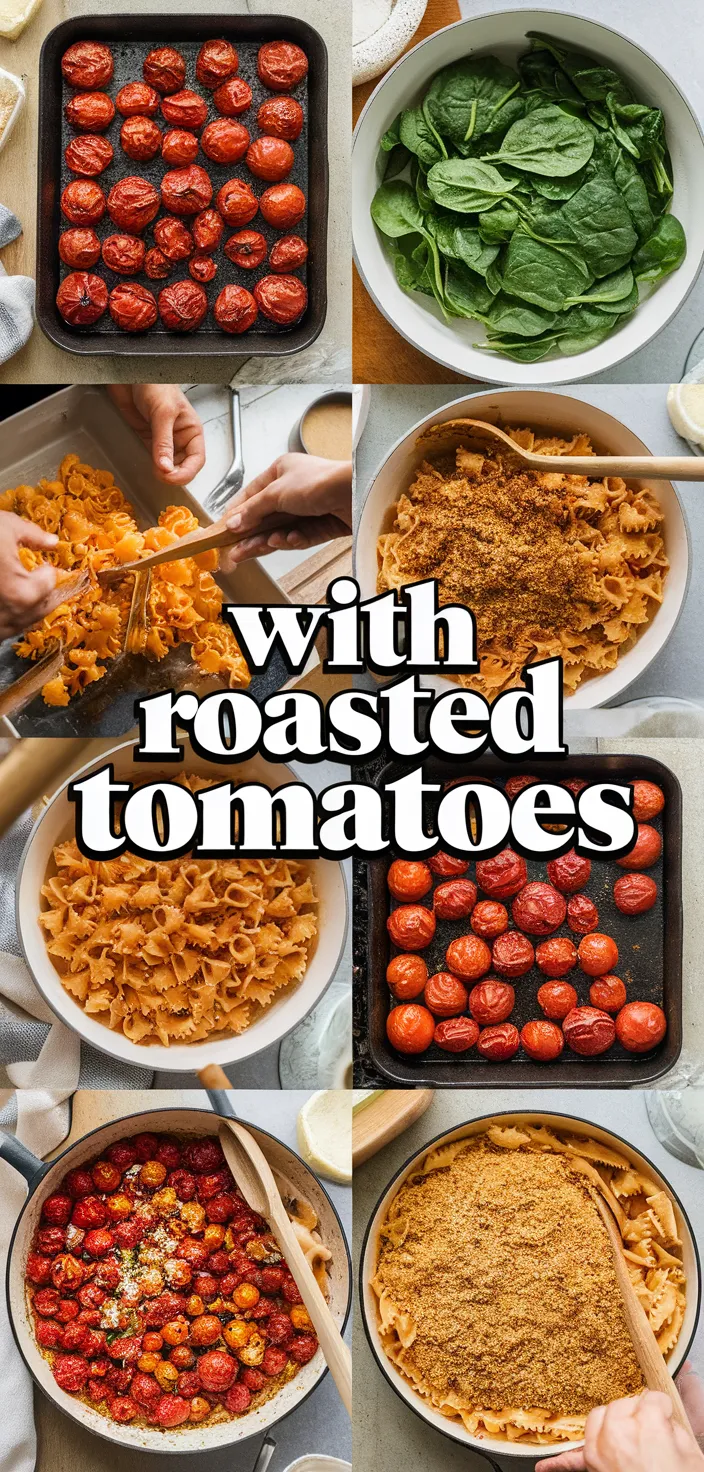 A photo of Pasta With Roasted Tomatoes Spinach Breadcrumbs Recipe