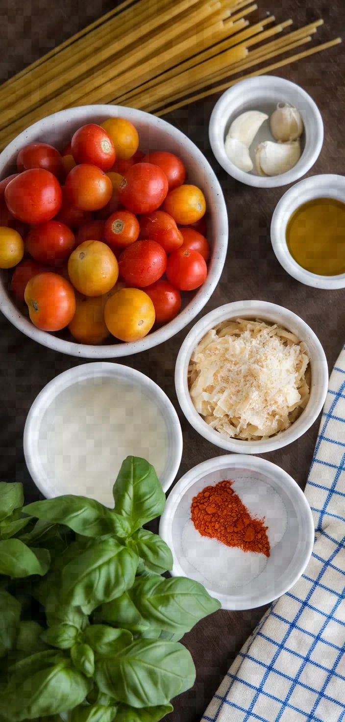 Ingredients photo for Creamy Pasta With Burst Cherry Tomato Topping Recipe