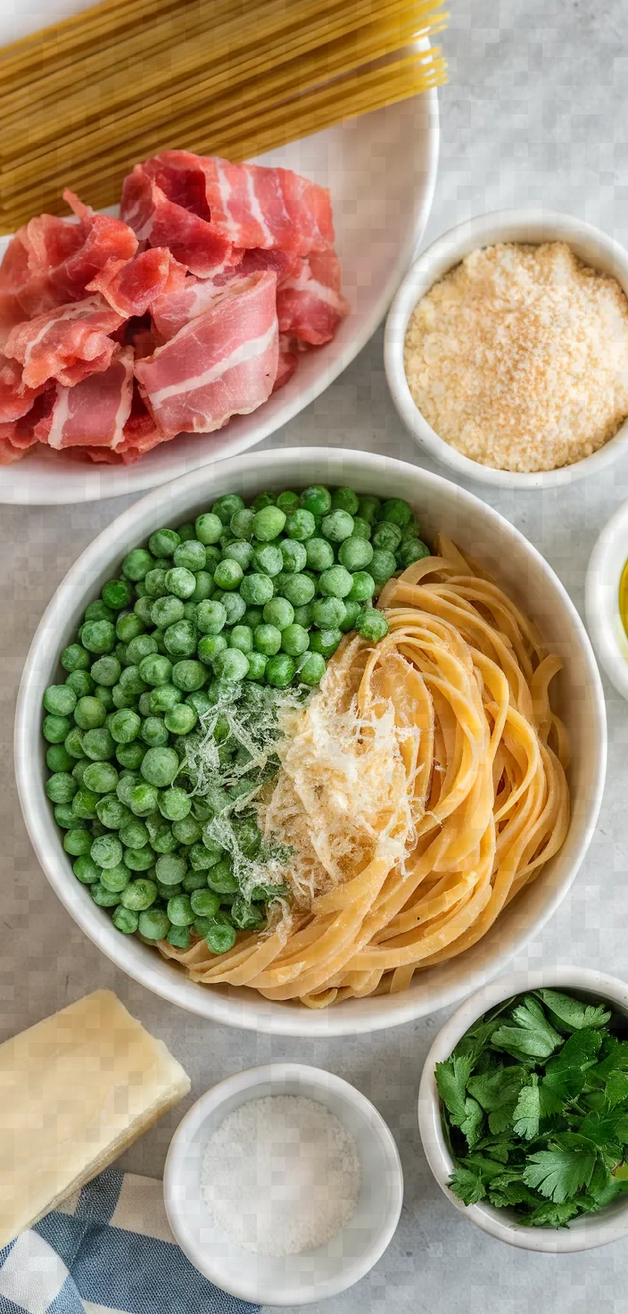 Ingredients photo for Creamy Pea Pancetta Pasta Recipe