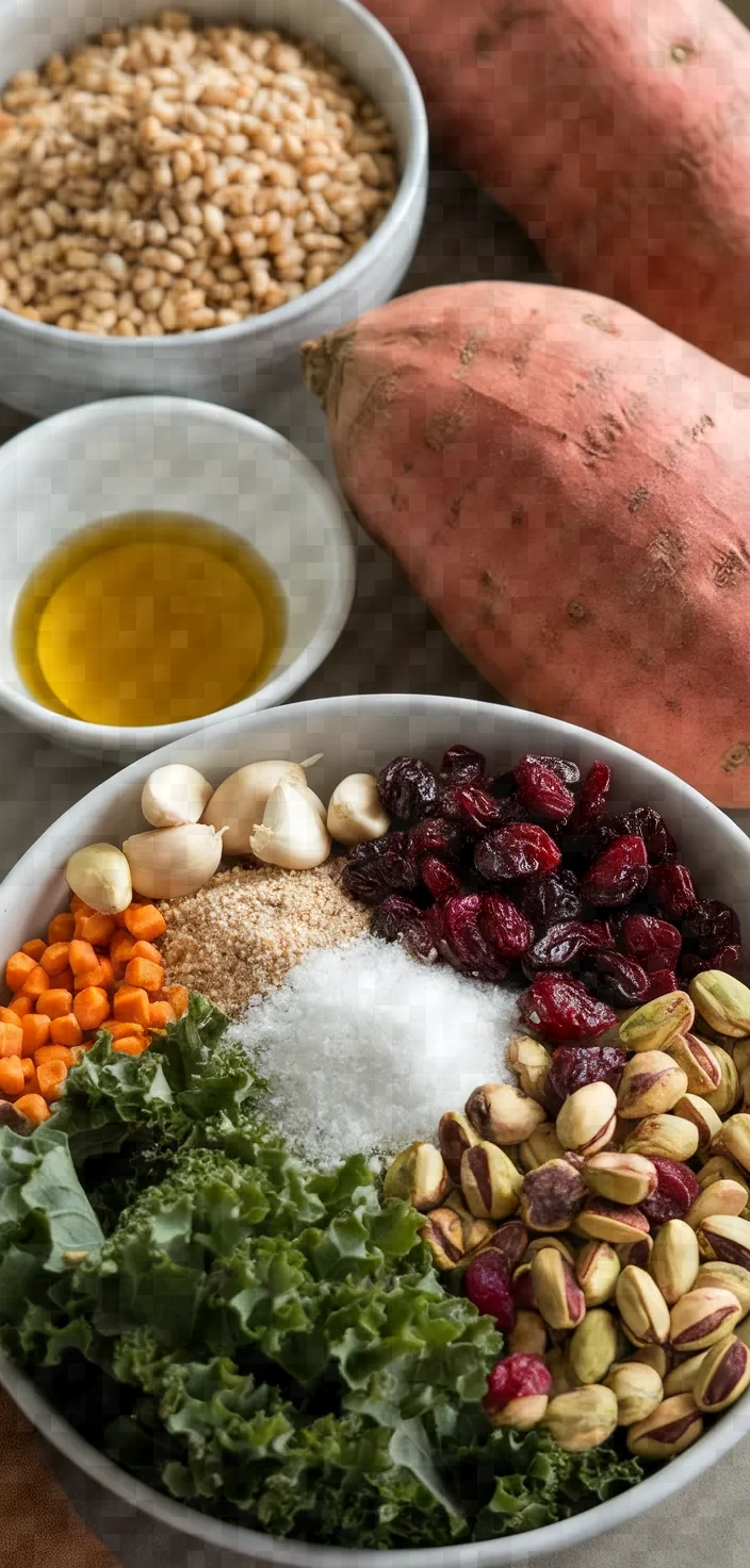 Ingredients photo for Farro With Sweet Potatoes Kale Dried Cranberries Pistachios Recipe