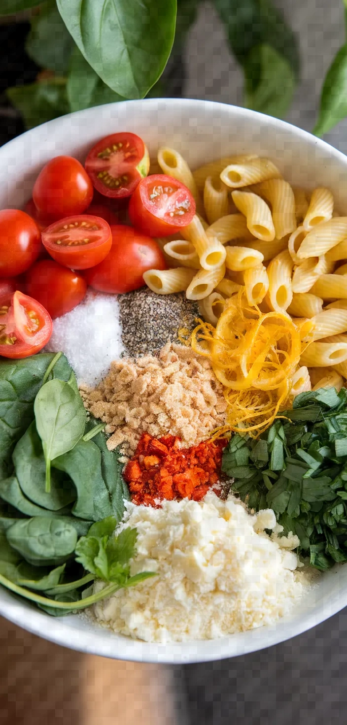 Ingredients photo for Pasta With Roasted Tomatoes Spinach Breadcrumbs Recipe