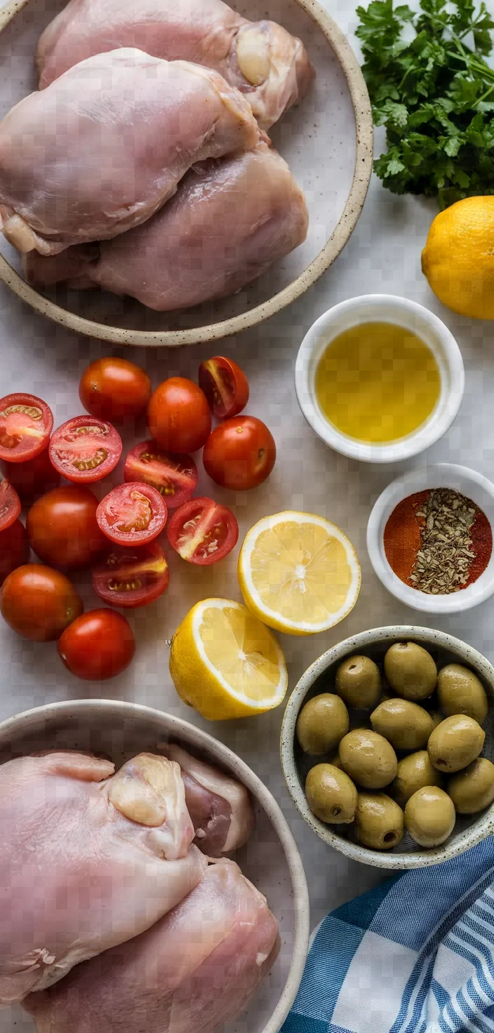 Ingredients photo for Roast Chicken Thighs With Olives Tomatoes Potatoes Recipe