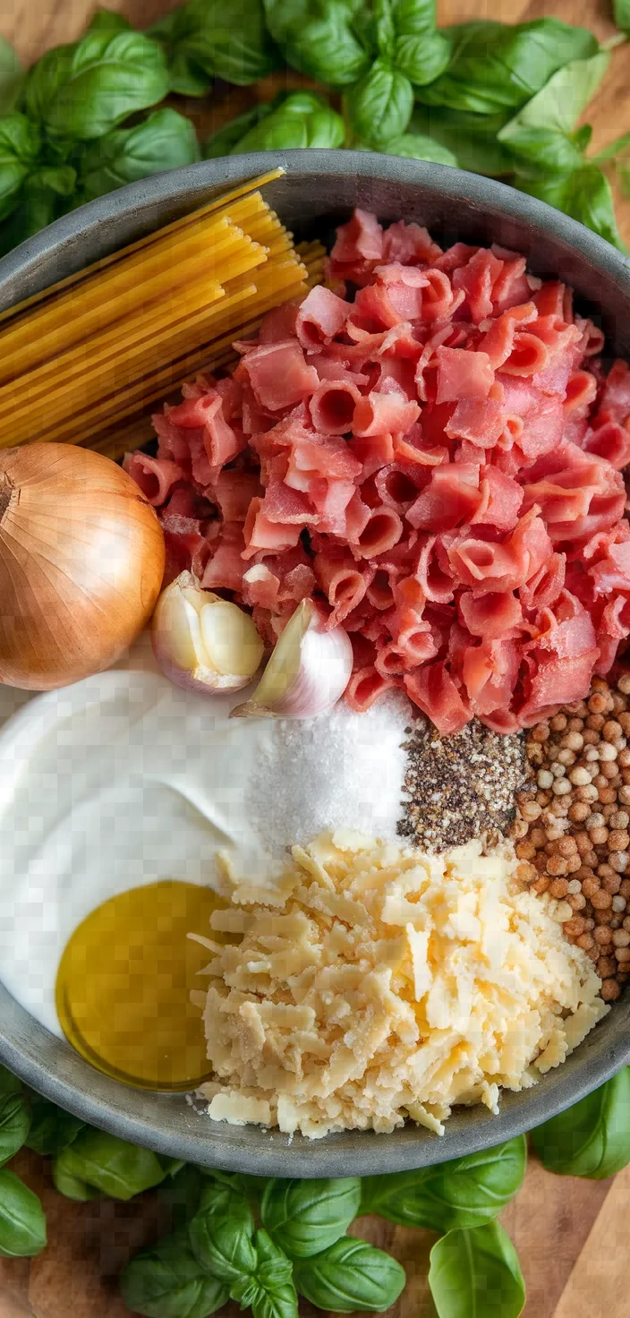 Ingredients photo for Taleggio Pancetta Pasta Bake Recipe