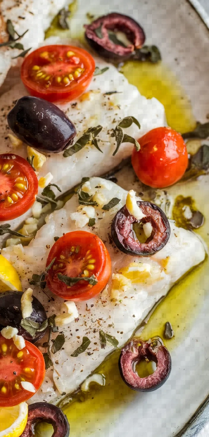 Ingredients photo for Baked Whitefish With Olives Cherry Tomatoes Recipe