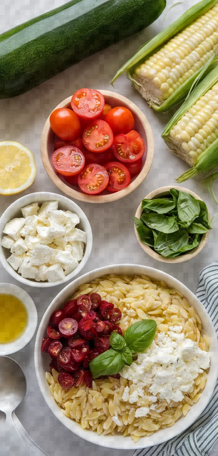 Ingredients photo for Grilled Corn Zucchini Orzo Salad Recipe