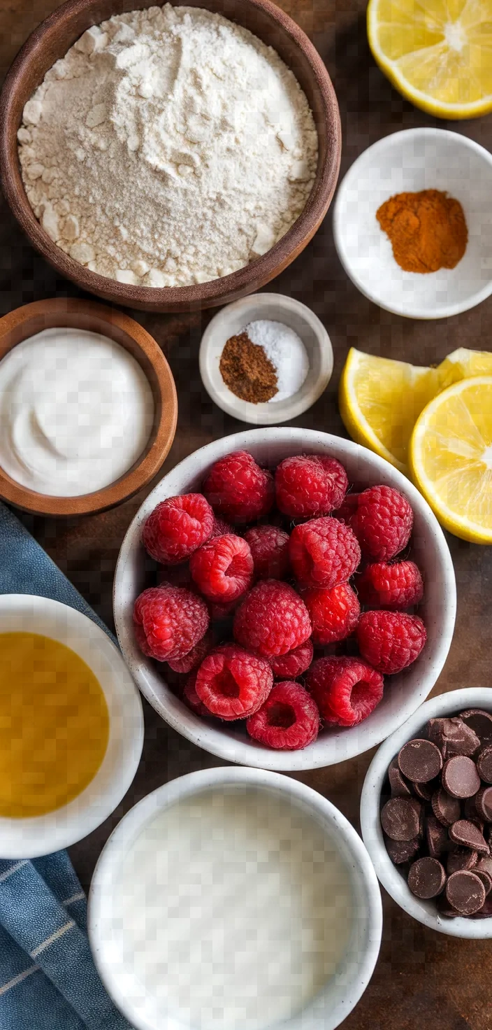 Ingredients photo for Raspberry Dark Chocolate Chunk Muffins Recipe