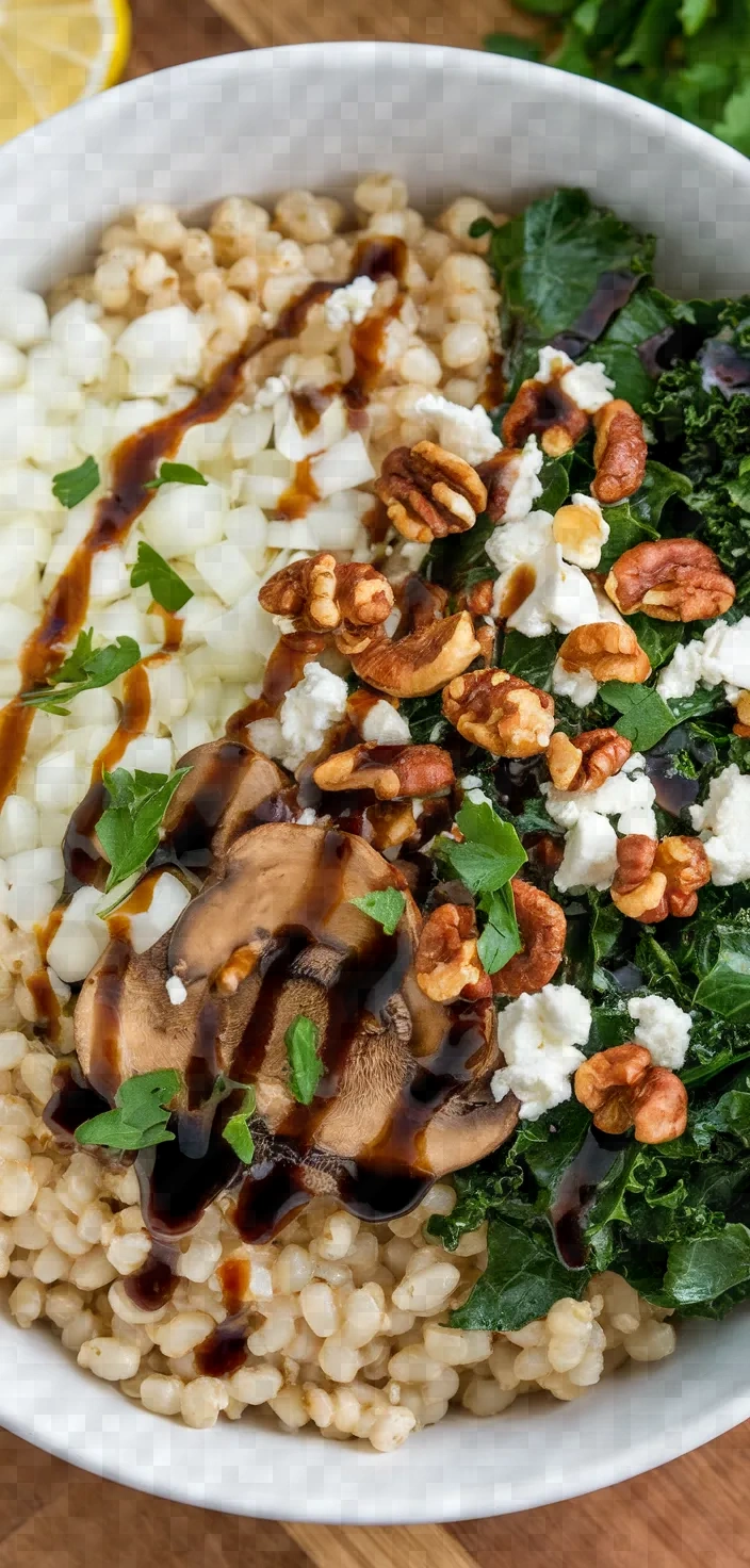 Ingredients photo for Warm Mushroom Barley Kale Salad Recipe