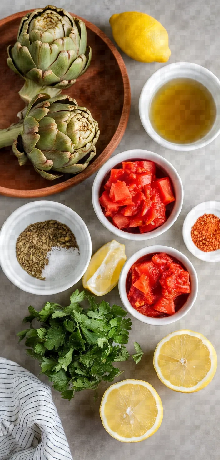 Ingredients photo for Braised Artichokes In Tomato Sauce Recipe