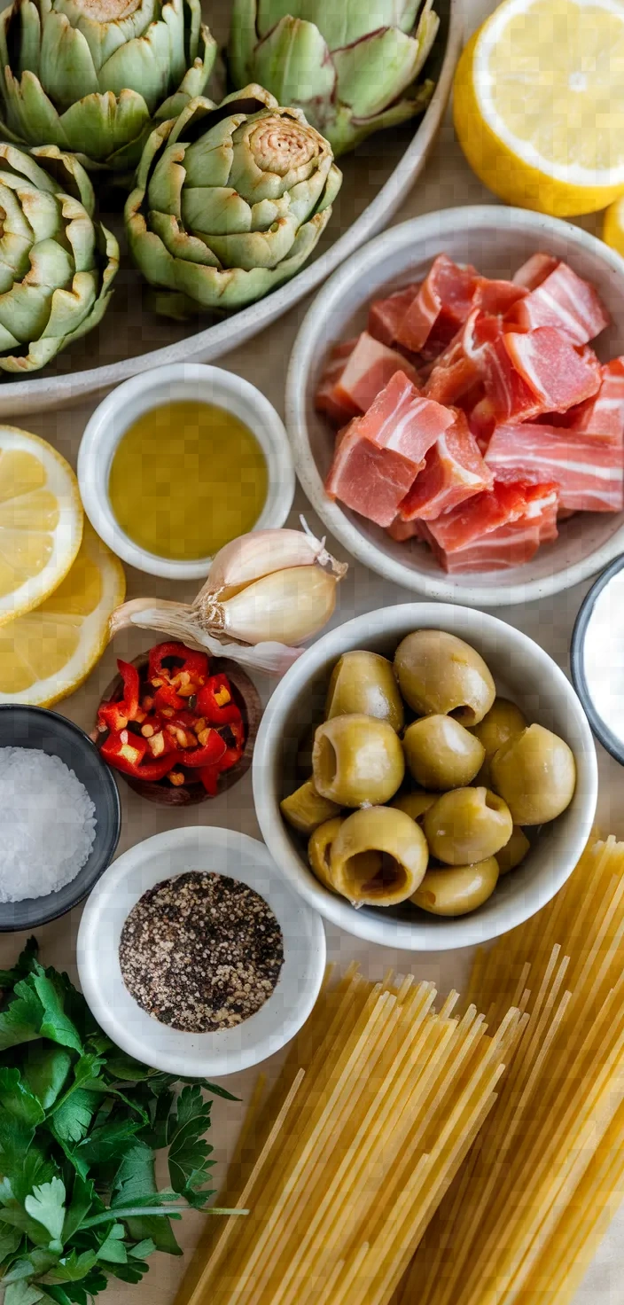Ingredients photo for Pasta With Fresh Artichokes Olives Guanciale Recipe