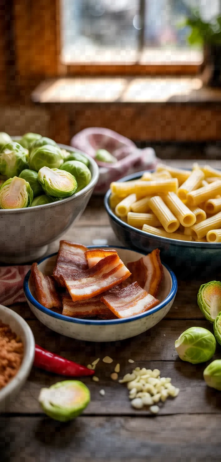 Ingredients photo for Brussels Sprouts Guanciale Pasta Recipe