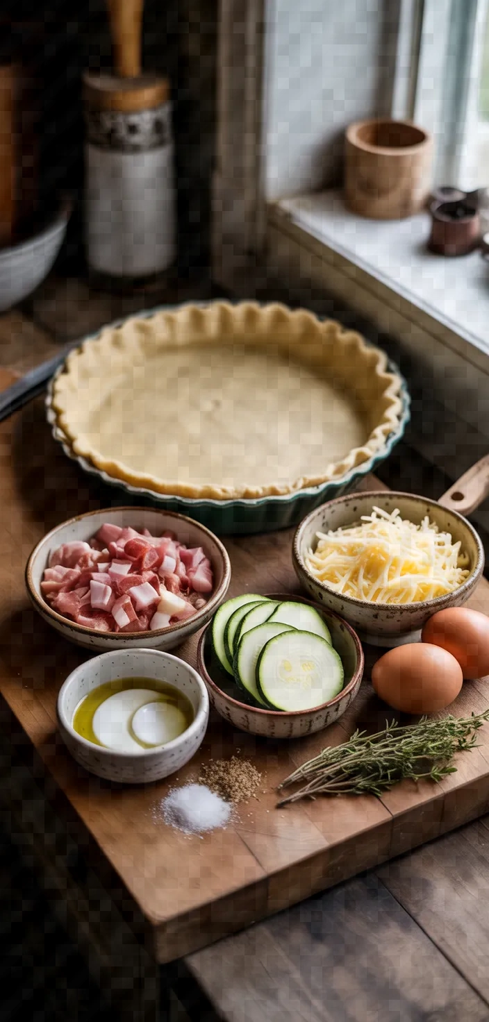 Ingredients photo for Caramelized Onion Zucchini Pancetta Quiche Recipe