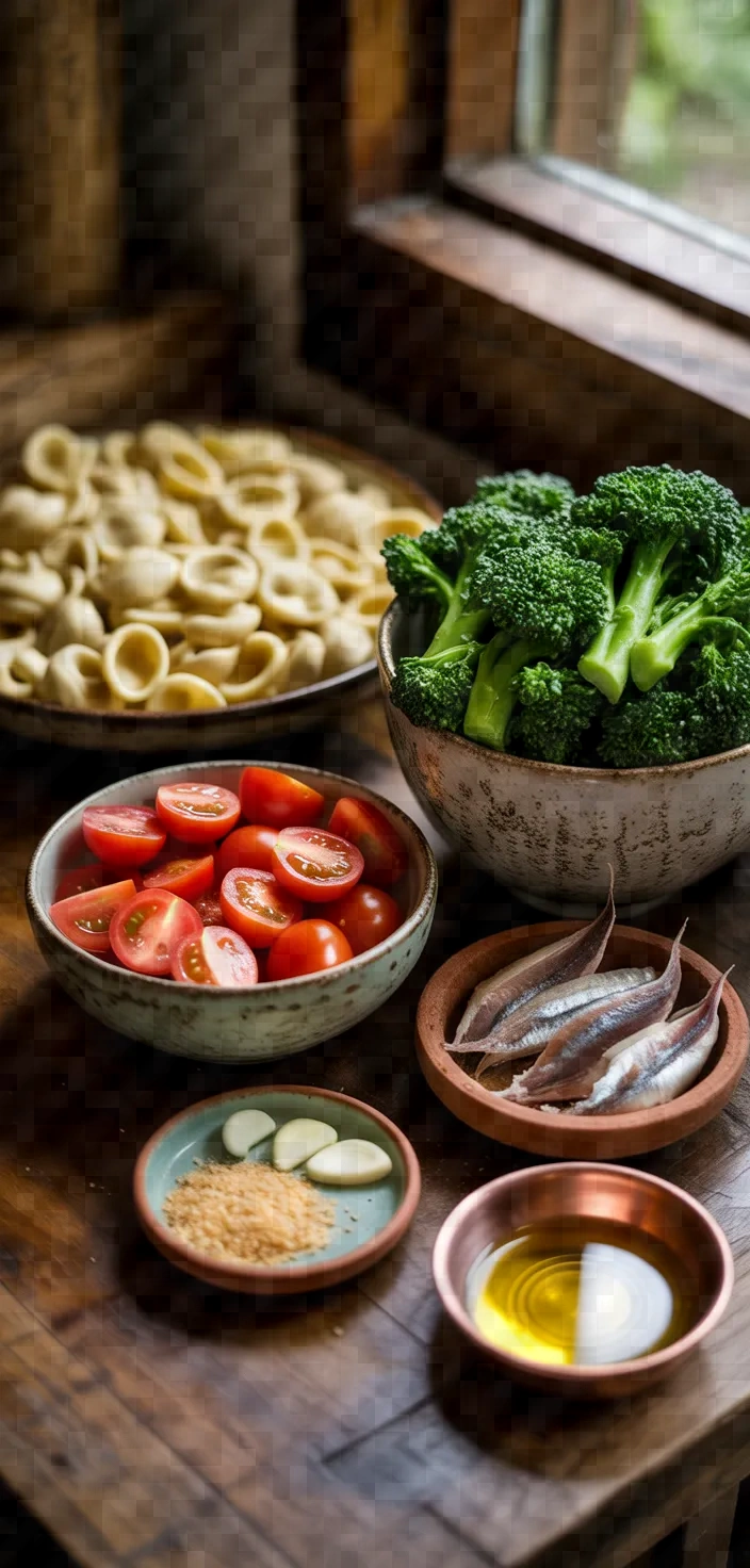 Ingredients photo for Orecchiette With Broccoli Rabe Tomatoes Anchovy Breadcrumbs Recipe