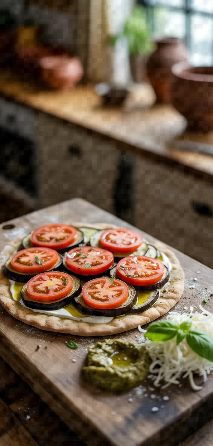 Ingredients photo for Pesto Eggplant Tomato Flatbread Recipe