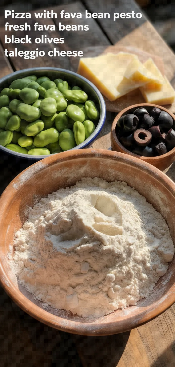 Ingredients photo for Pizza With Fava Bean Pesto Fresh Fava Beans Black Olives Taleggio Cheese Recipe