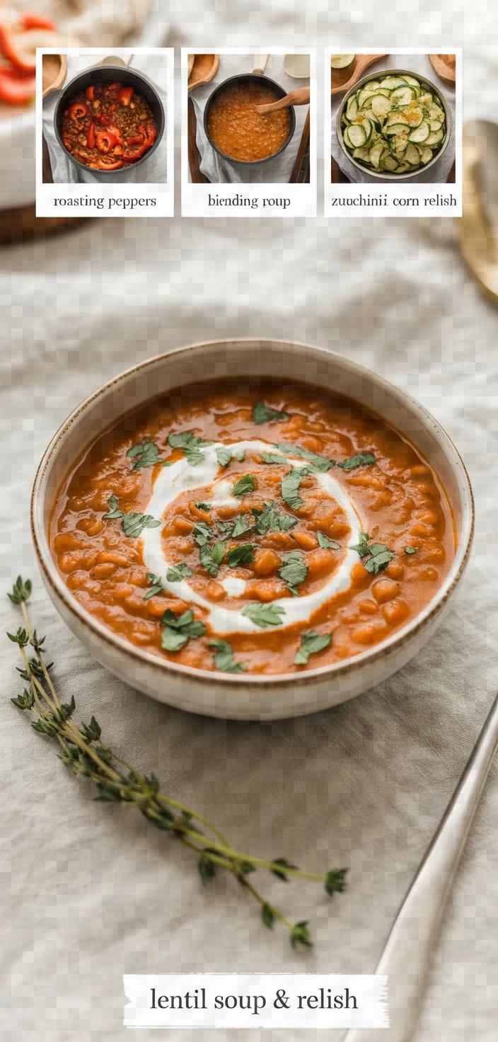A photo of Roasted Red Pepper Red Lentil Soup With Zucchini Corn Relish Recipe