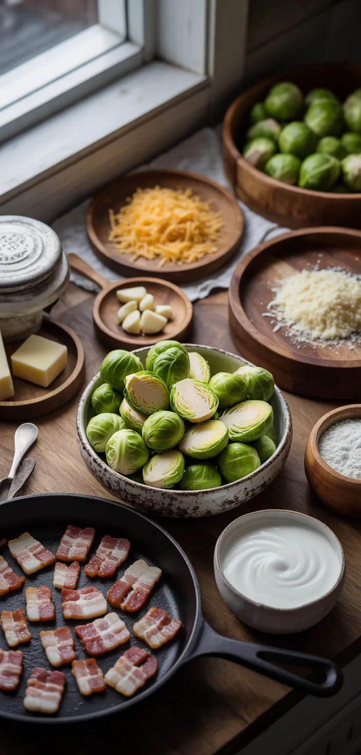 Ingredients photo for Creamy And Cheesy Brussels Sprouts With Bacon Recipe