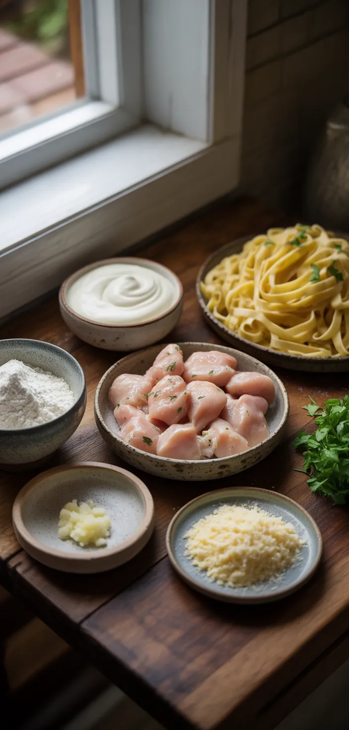 Ingredients photo for Garlic Butter Chicken Bites With Savory Creamy Parmesan Pasta Recipe