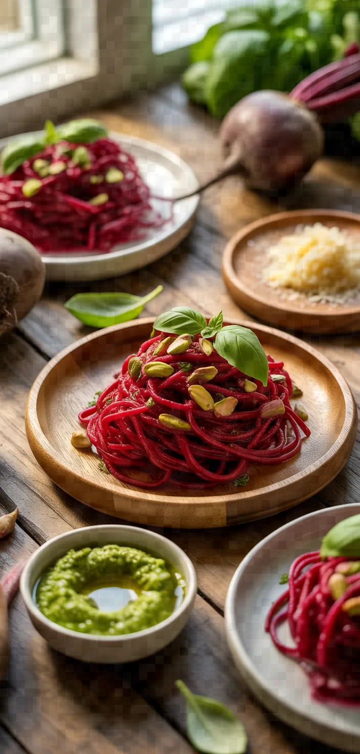 Ingredients photo for Roasted Beet Pasta With Pistachio Pesto Recipe