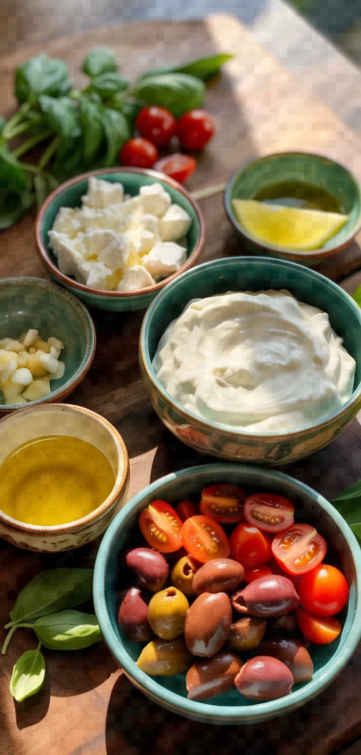 Ingredients photo for Whipped Feta Dip With Tomatoes Olives Recipe