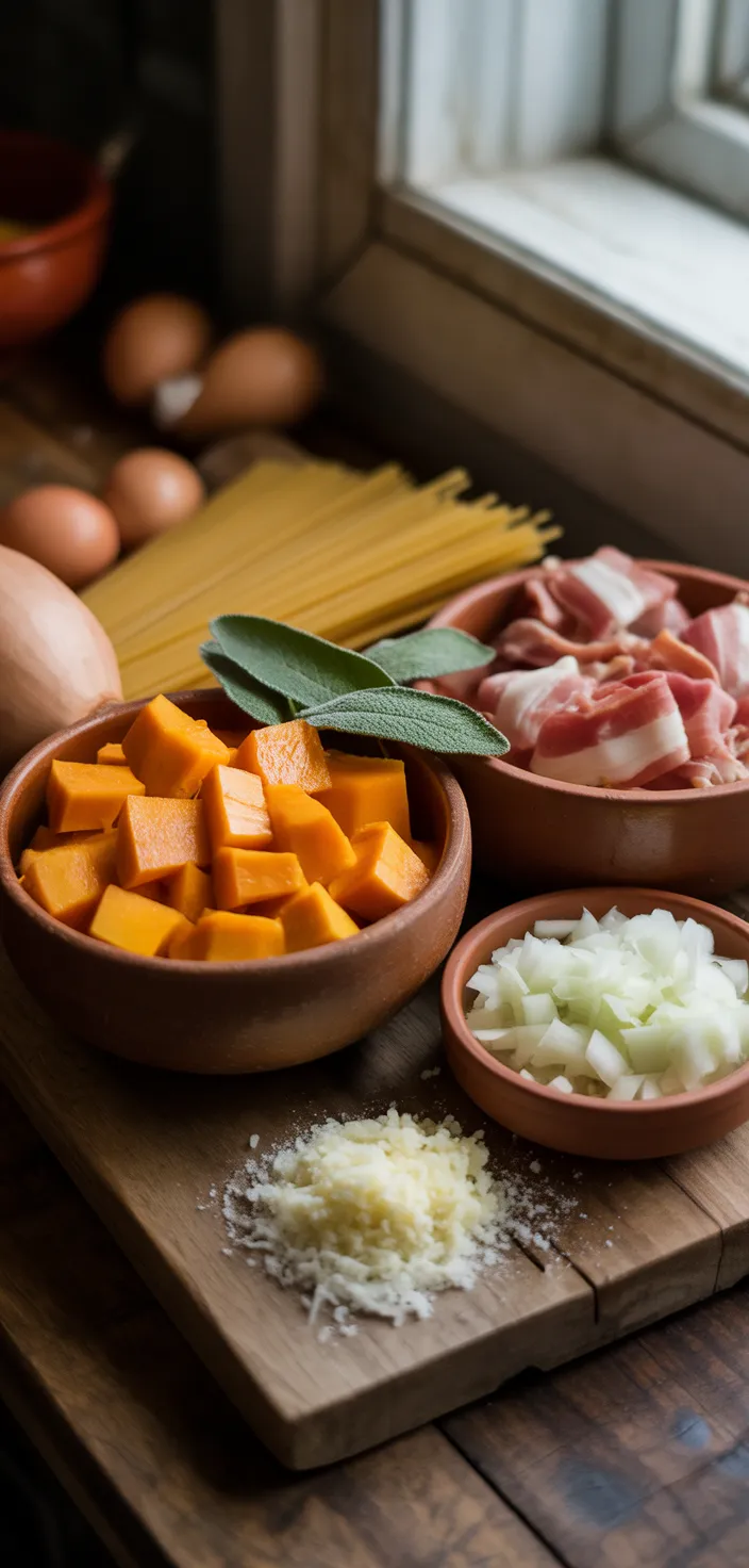 Ingredients photo for Butternut Squash Pasta Carbonara Recipe