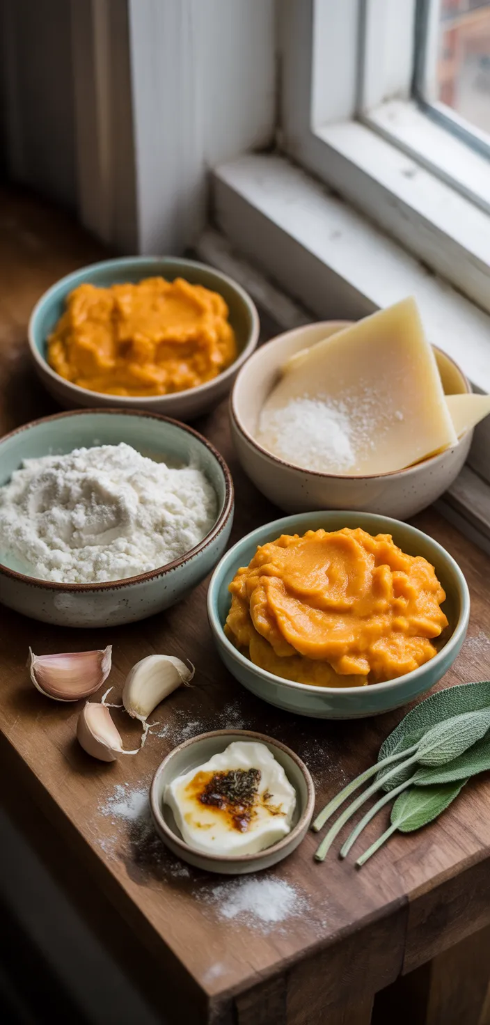 Ingredients photo for HOMEMADE BUTTERNUT SQUASH RAVIOLI WITH BROWN BUTTER SAGE SAUCE Recipe