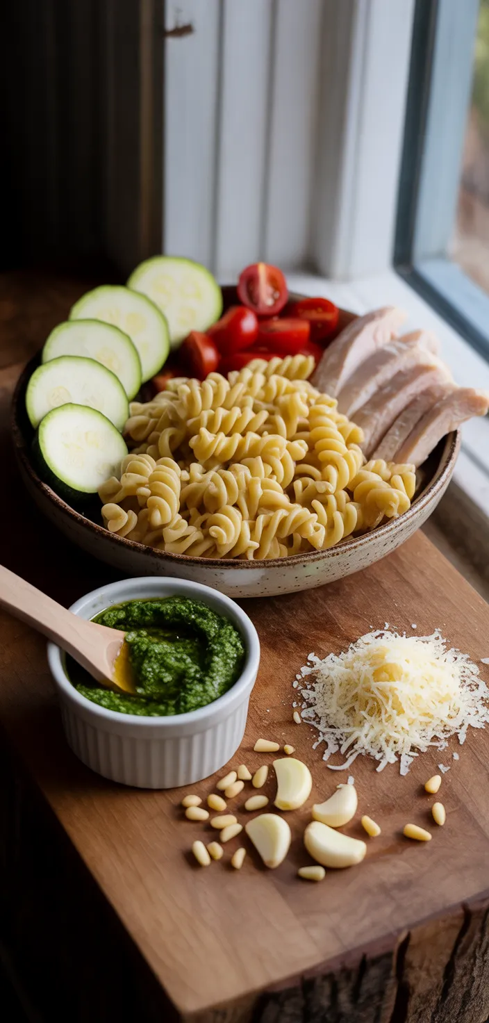 Ingredients photo for Pesto Pasta With Chicken, Parmesan, Zucchini, Tomatoes Recipe