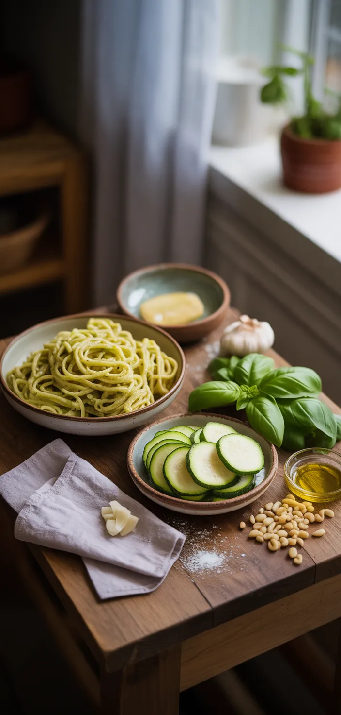 Ingredients photo for Roasted Courgette Pesto Pasta Recipe