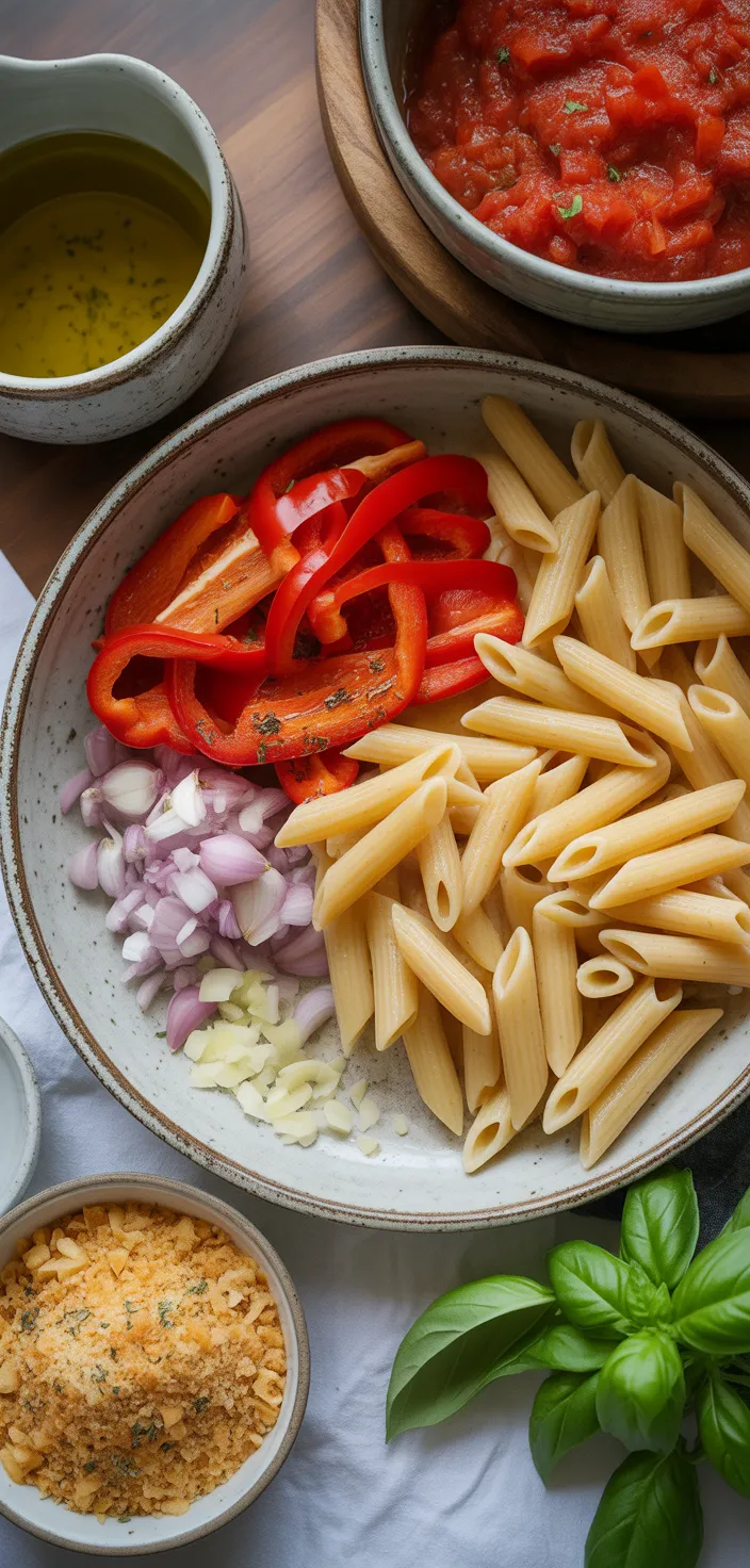 Ingredients photo for Roasted Red Pepper Alla Vodka Pasta With Cheesy Oregano Breadcrumbs. Recipe