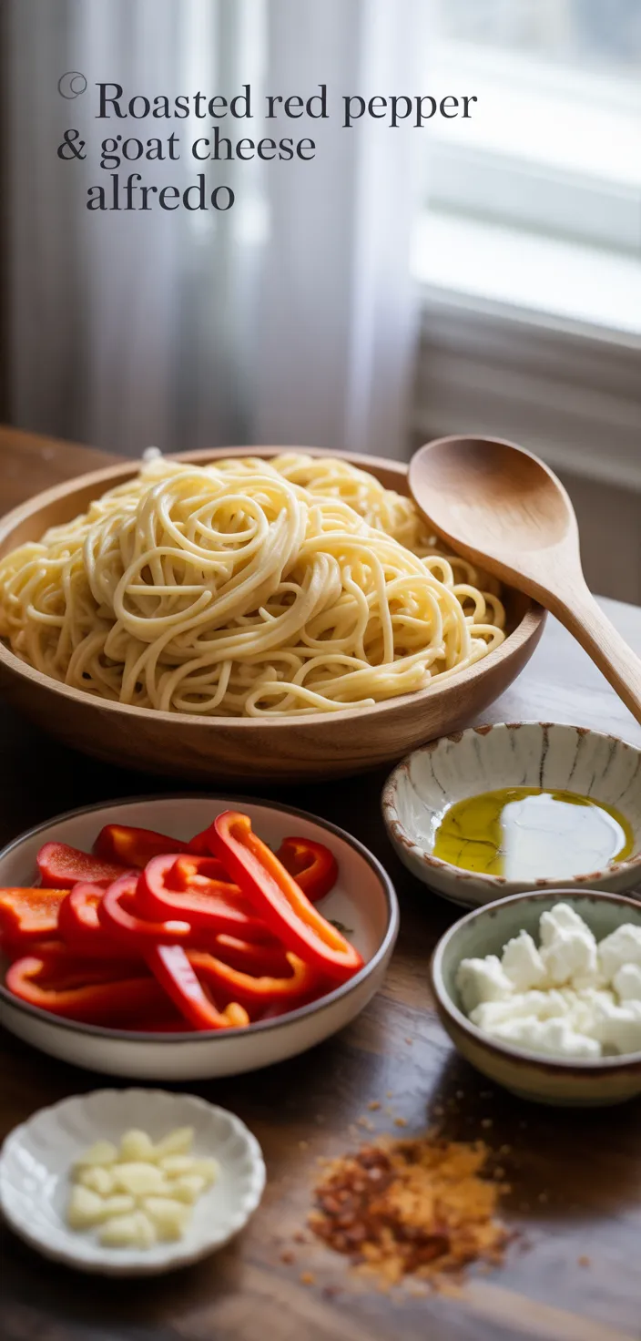 Ingredients photo for Roasted Red Pepper & Goat Cheese Alfredo Recipe