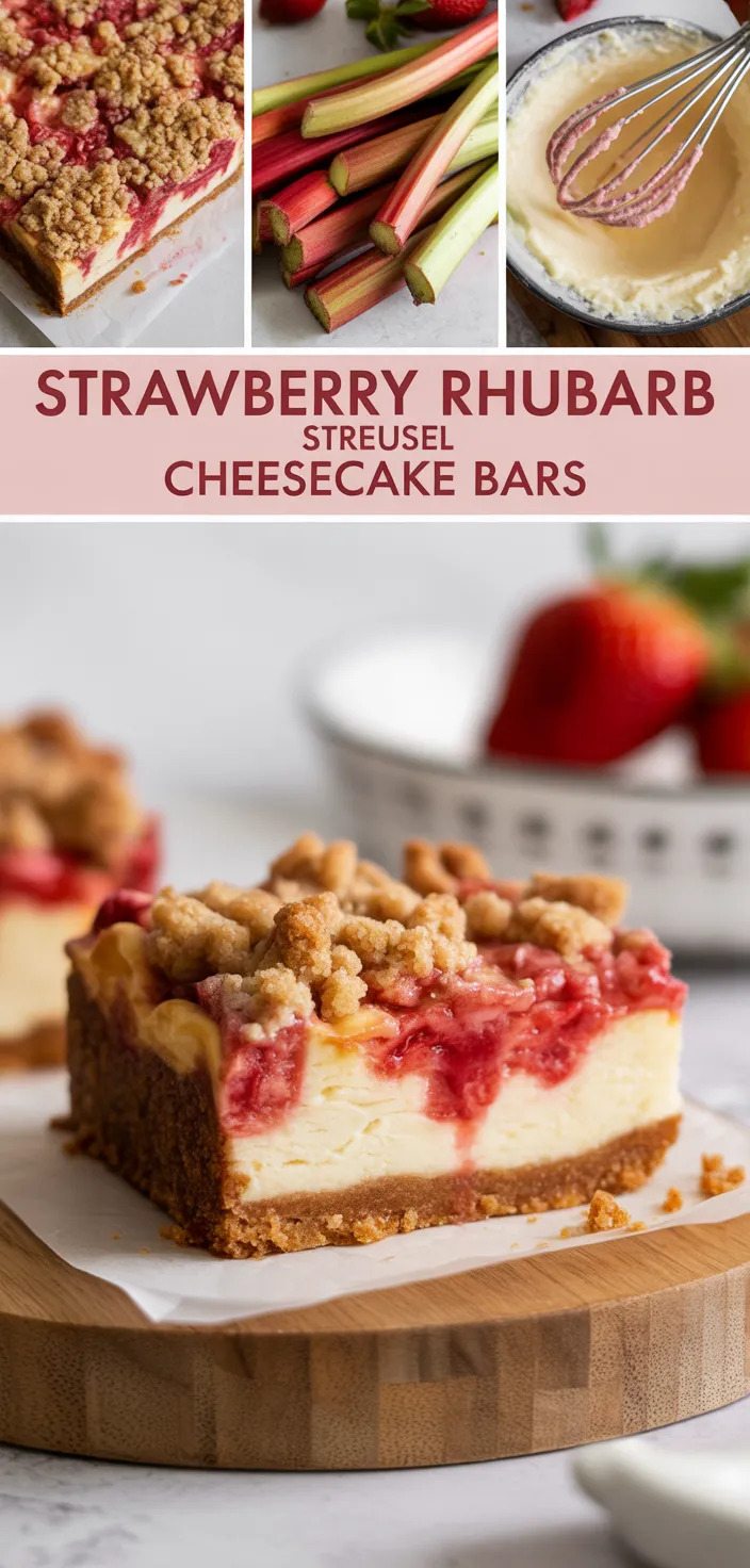 A photo of Strawberry Rhubarb Streusel Cheesecake Bars Recipe