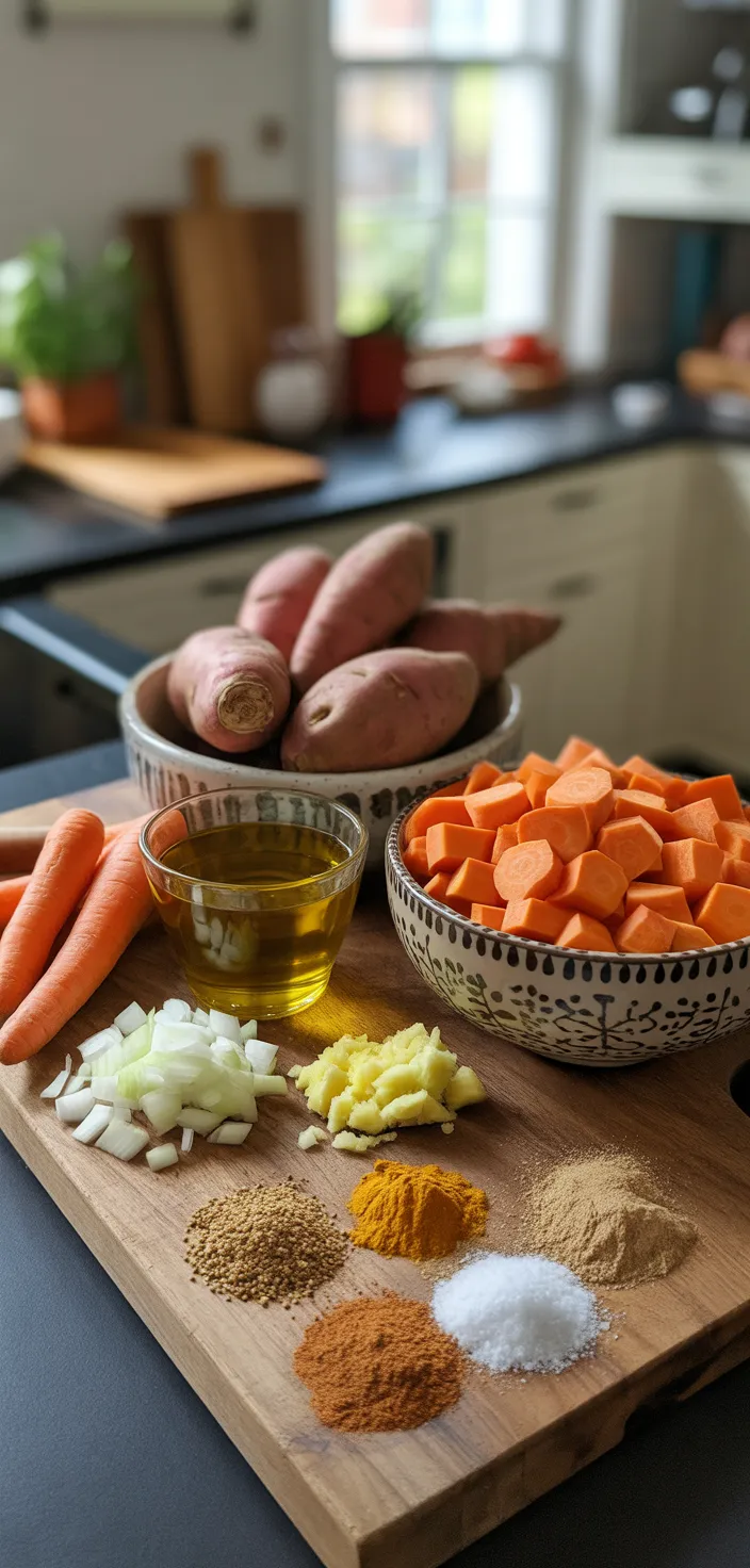 Ingredients photo for Easy Spiced Carrot And Sweet Potato Soup Recipe