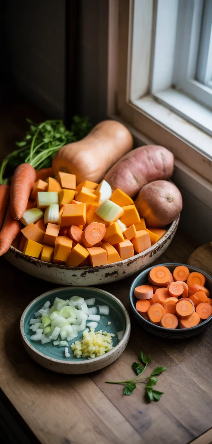 Ingredients photo for Roasted Butternut Squash, Sweet Potato And Carrot Soup Recipe