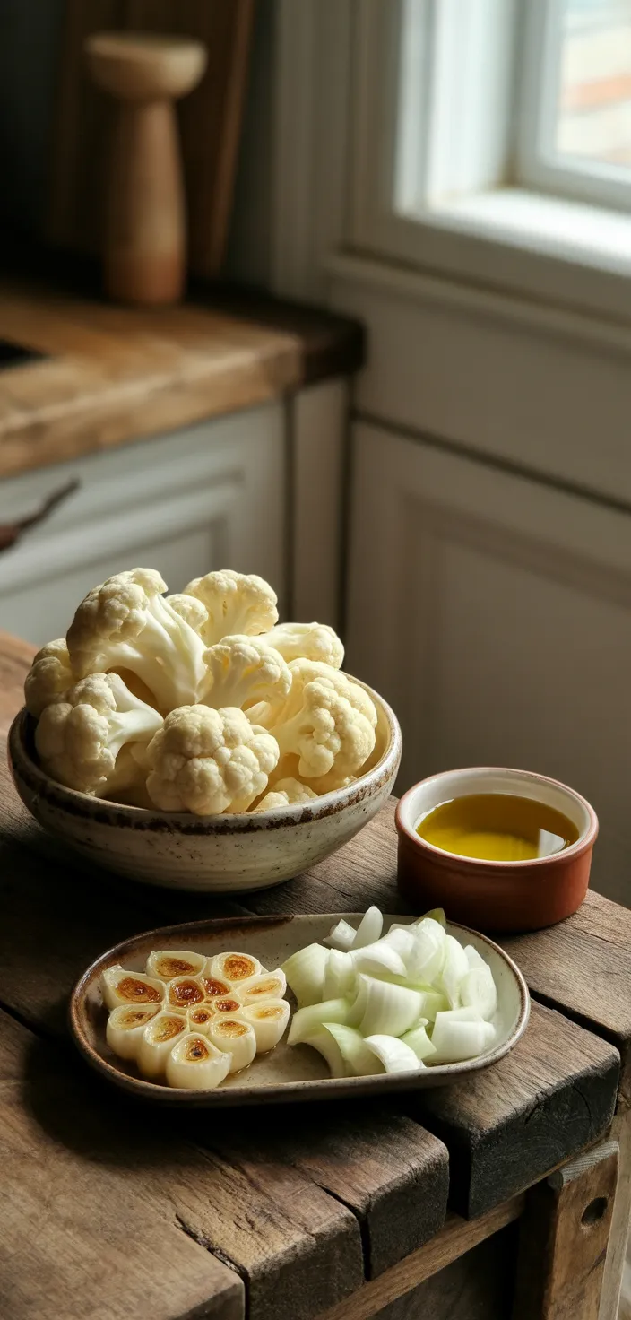 Ingredients photo for Roasted Garlic Cheddar Cauliflower Soup Recipe