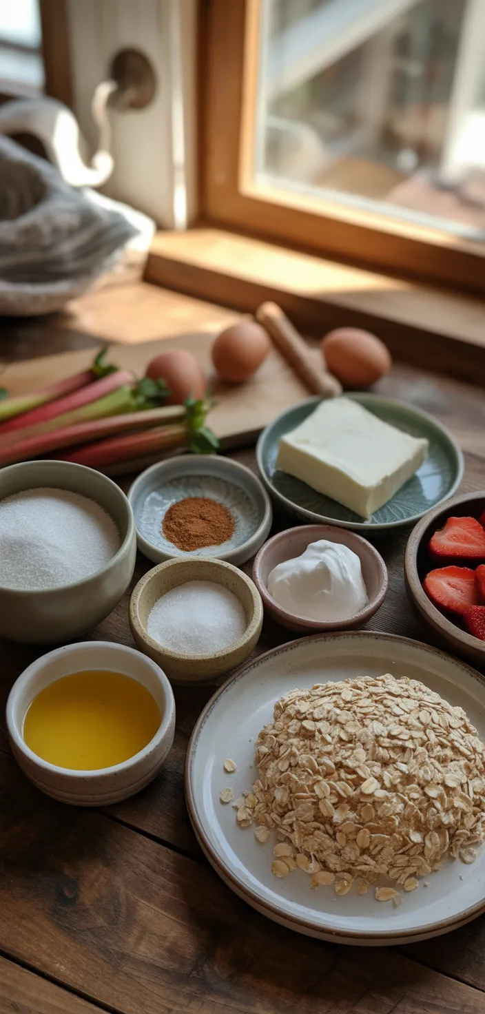 Ingredients photo for Strawberry Rhubarb Streusel Cheesecake Bars Recipe