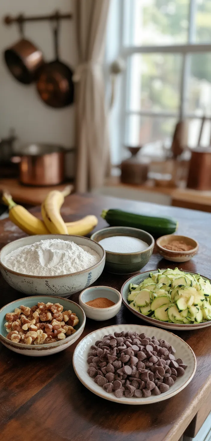 Ingredients photo for Chocolate Chip Zucchini Banana Bread Recipe