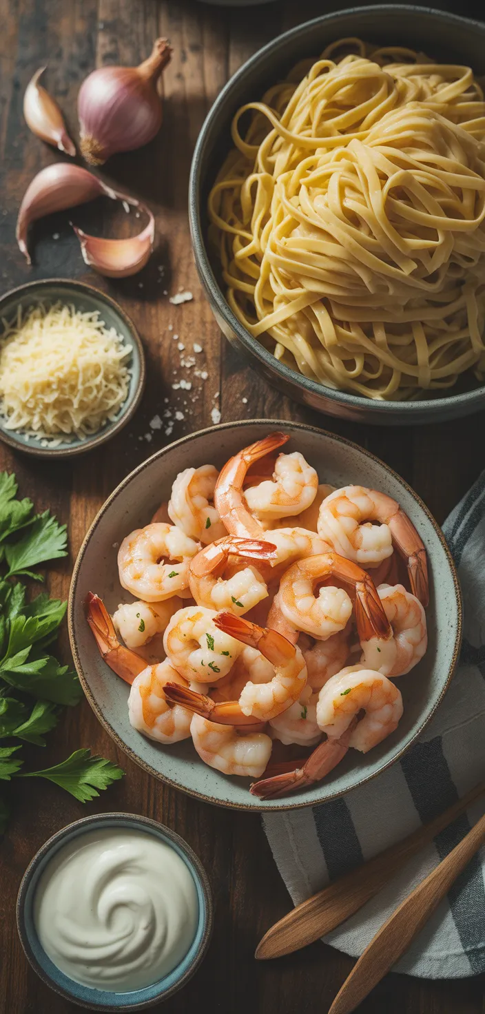 Ingredients photo for Creamy Garlic Shrimp Pasta – Beth's Quick Bites Recipe