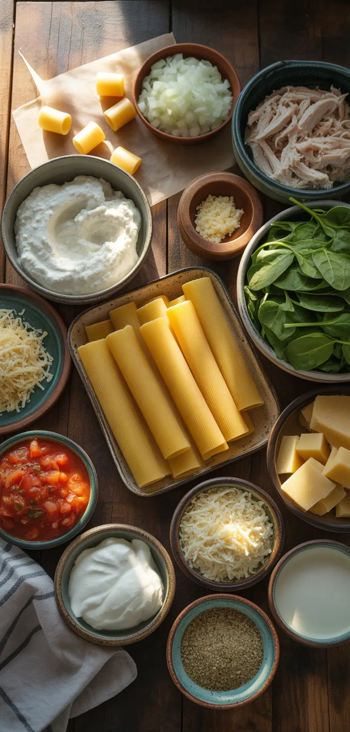 Ingredients photo for Creamy Ricotta Spinach And Chicken Cannelloni Pasta Recipe