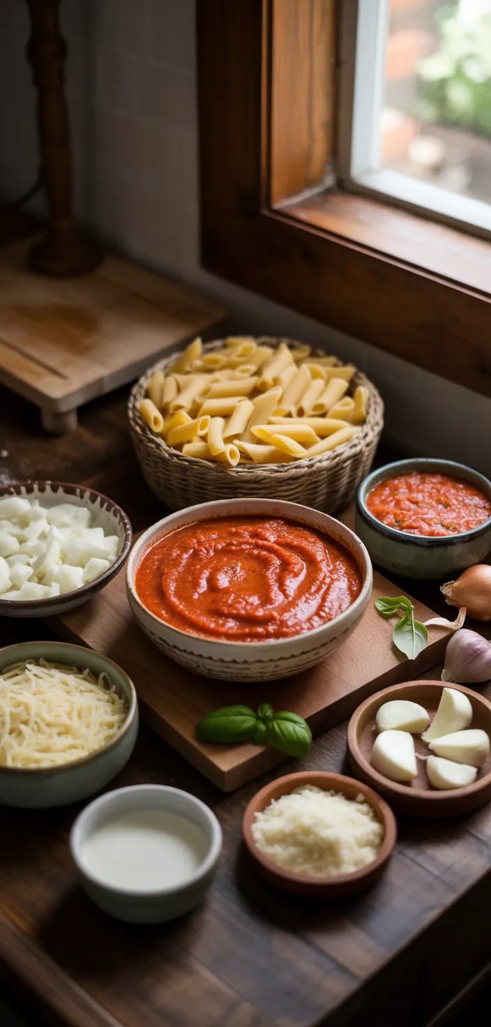 Ingredients photo for Creamy Tomato Pasta Bake Recipe