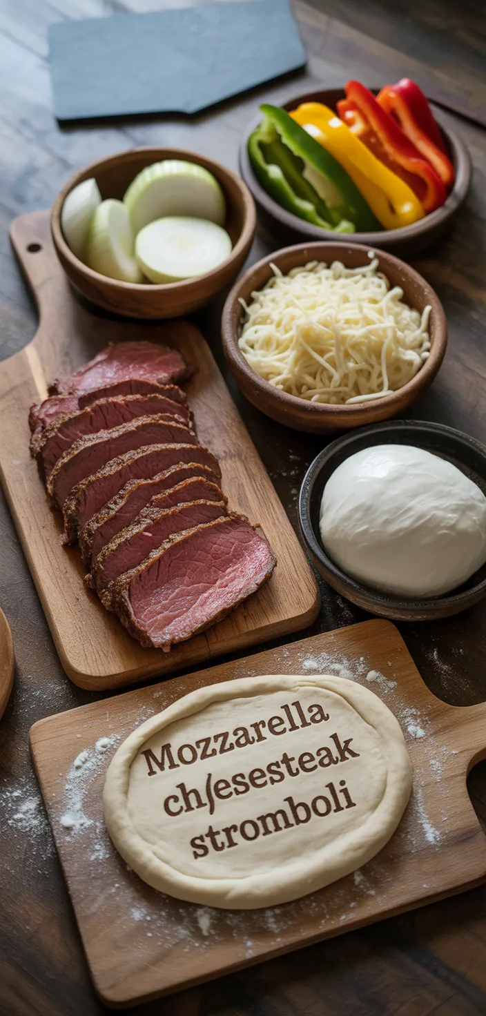 Ingredients photo for Mozzarella Cheesesteak Stromboli Recipe