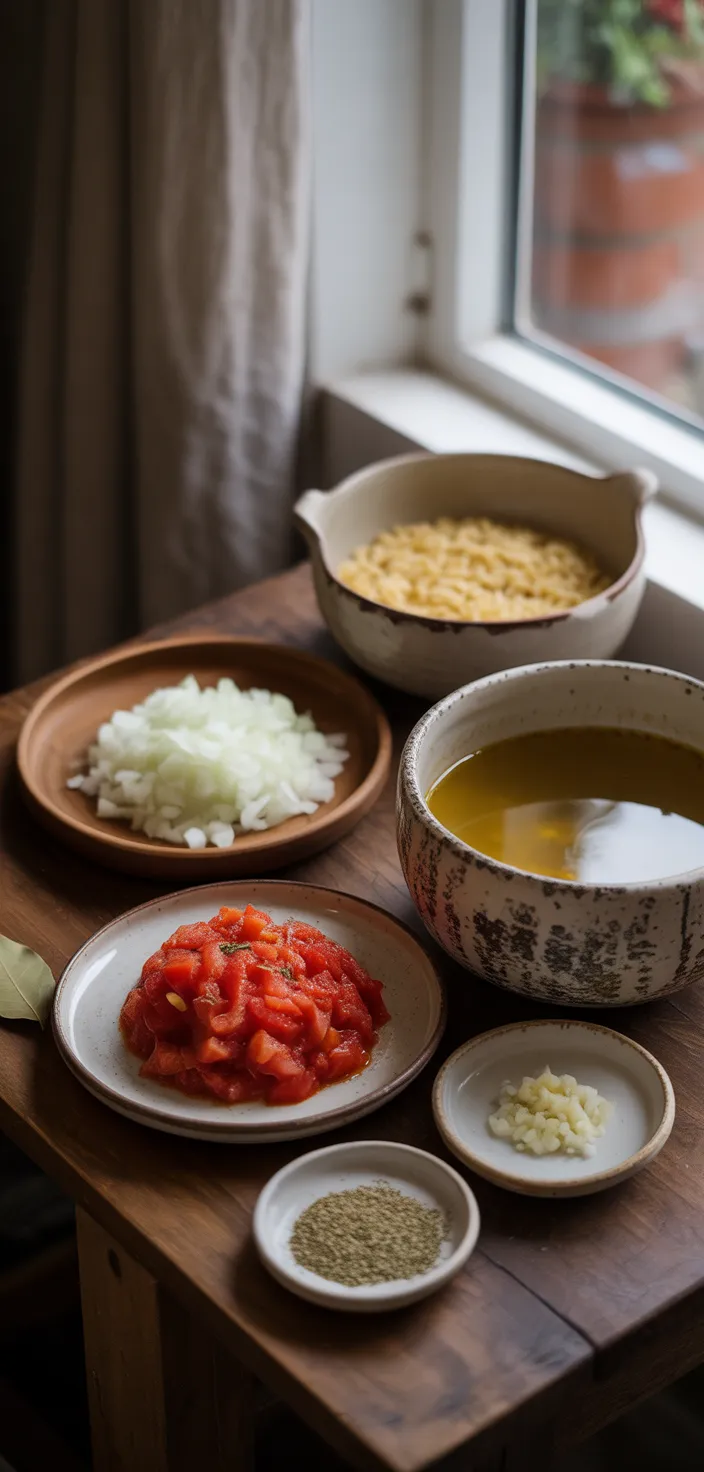 Ingredients photo for Warming Manestra: Greek Tomato & Orzo Soup Recipe
