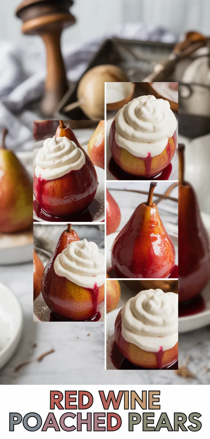 A photo of Spiced Red Wine Poached Pears With Vanilla Mascarpone Whipped Cream Recipe