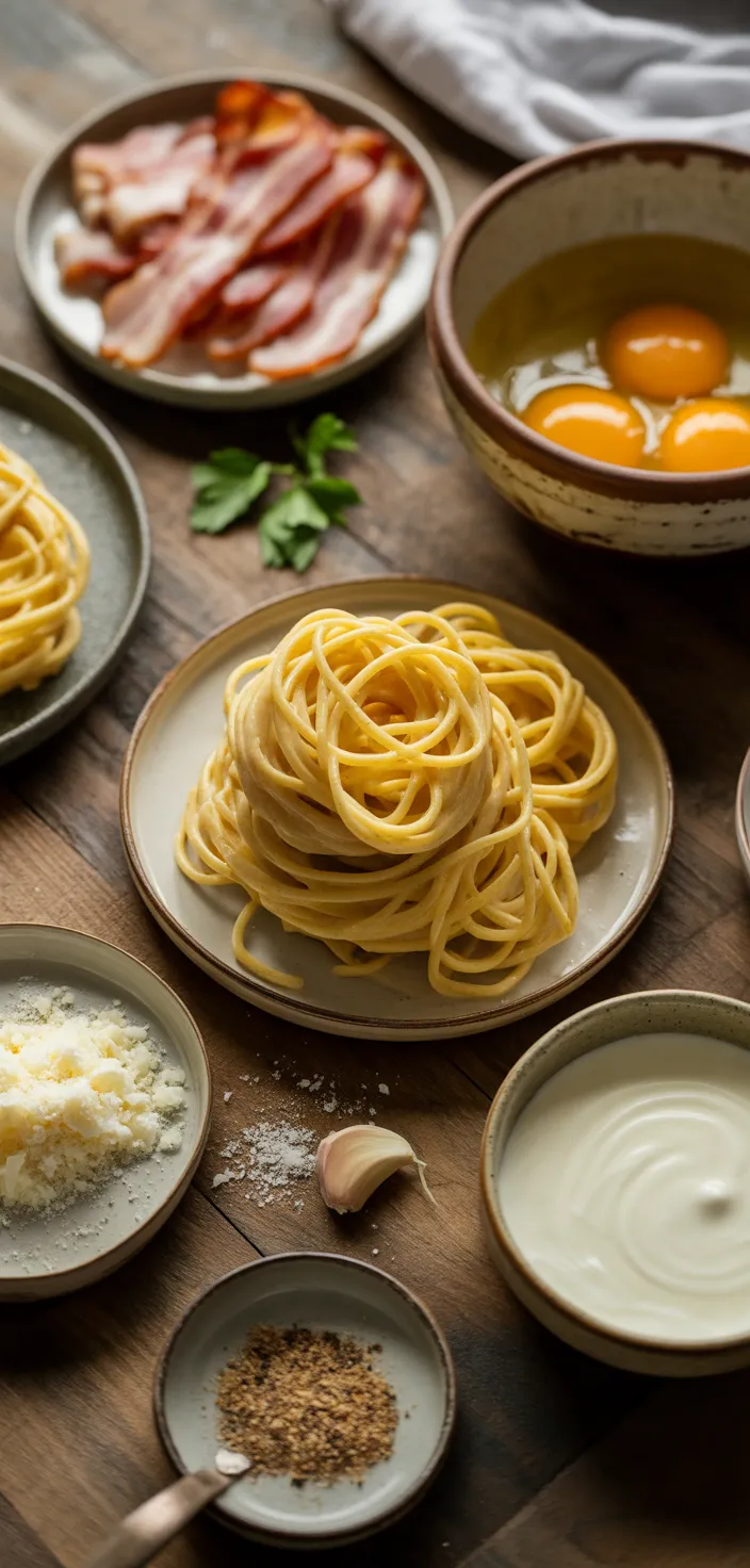 Ingredients photo for Creamy Bacon Carbonara Pasta Recipe