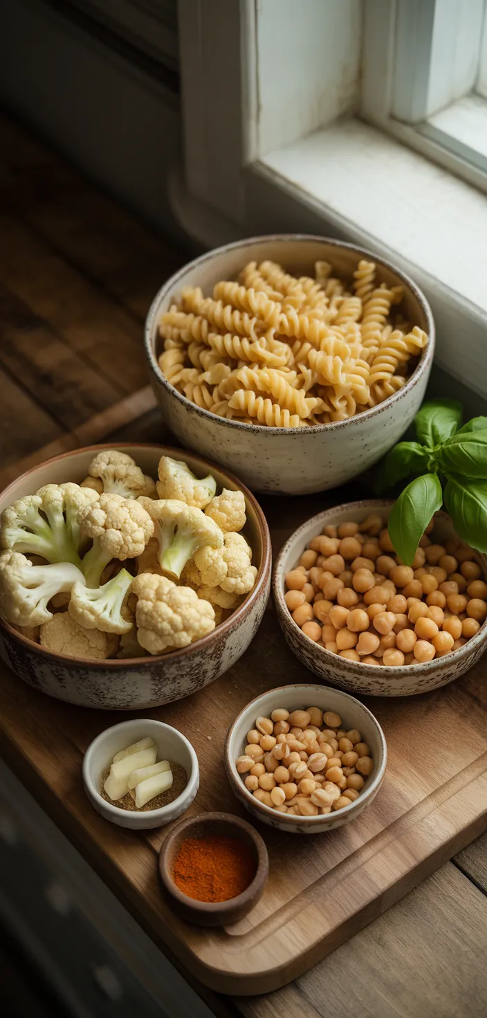 Ingredients photo for Roasted Cauliflower And Chickpea Pesto Pasta Recipe