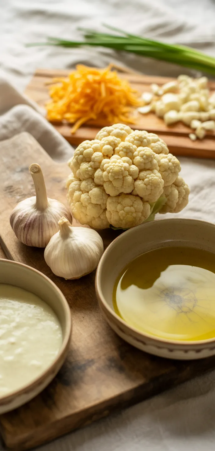 Ingredients photo for Roasted Garlic Cheddar Cauliflower Soup Recipe