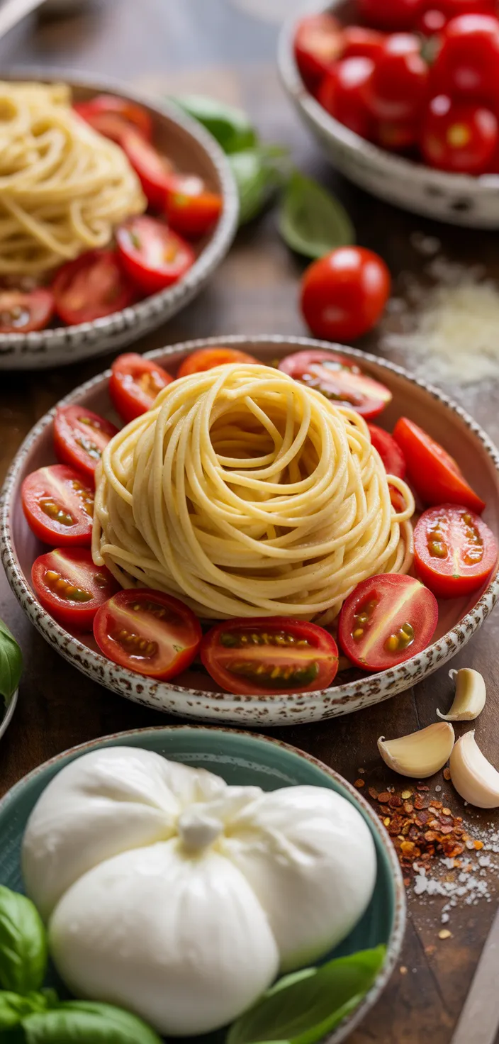 Ingredients photo for Summer Weeknight Burst Tomato Burrata Pasta. Recipe