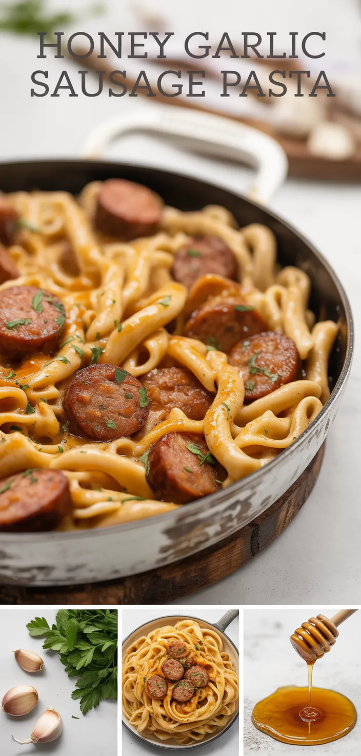 A photo of Sticky Honey Garlic Sausage Pasta Skillet Recipe
