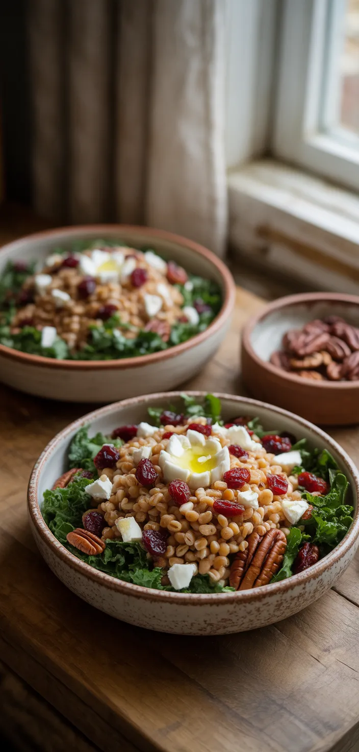 Ingredients photo for Festive Fall Farro Salad With Kale, Cranberries, Pecans & Goat Cheese Recipe