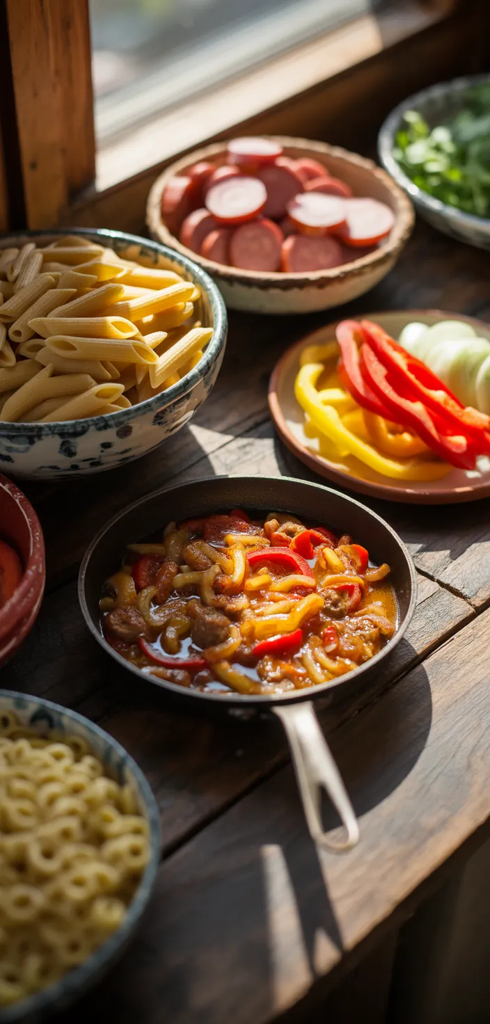 Ingredients photo for Sticky Honey Garlic Sausage Pasta Skillet Recipe