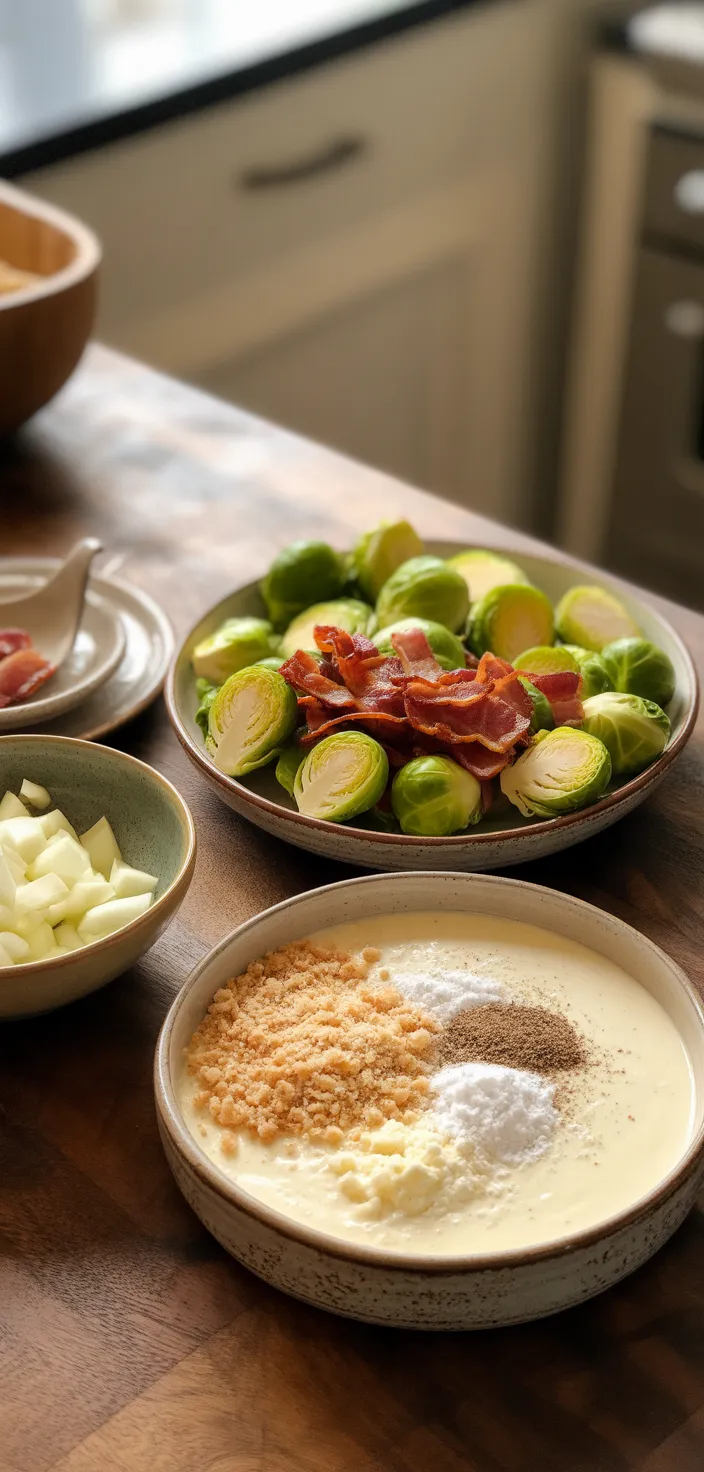 Ingredients photo for Creamy Parmesan Brussel Sprouts Gratin With Bacon Recipe