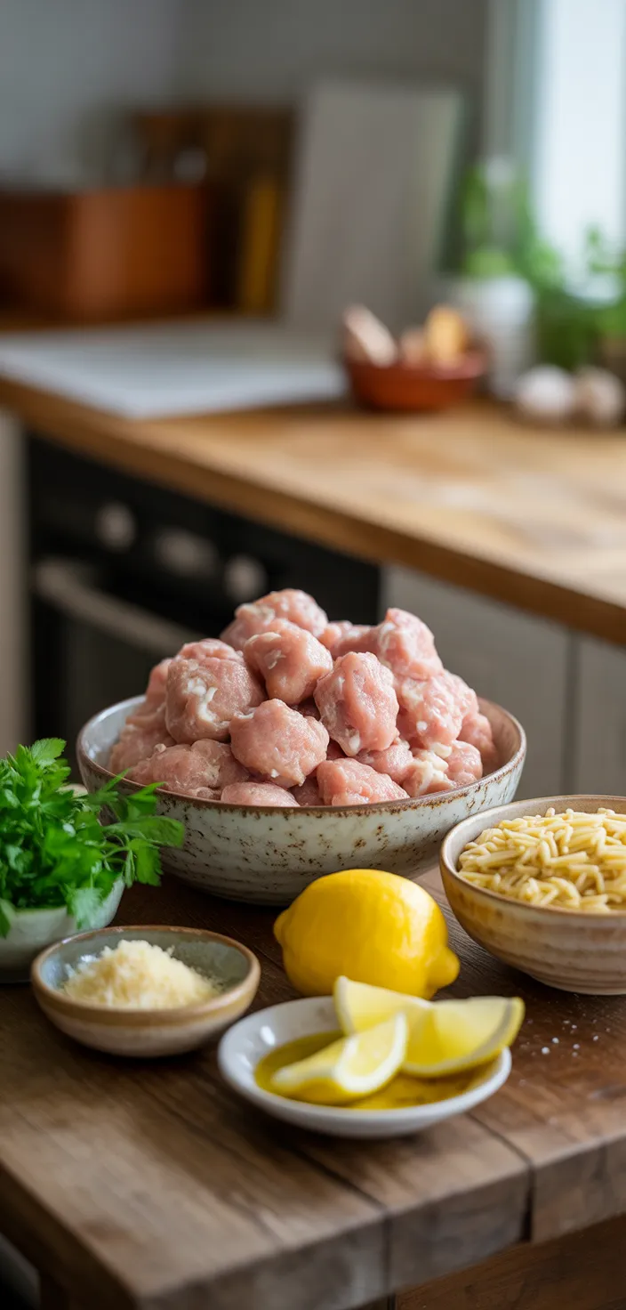 Ingredients photo for Lemon Garlic Chicken Meatballs Orzo Recipe